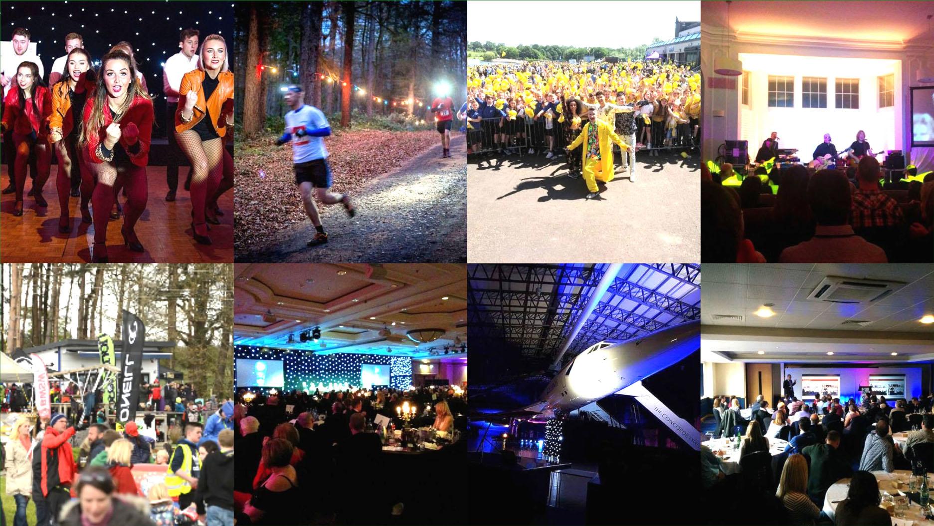 Montage of 8 images from Live Events: Cabaret, running, open air concert, acoustic performance, festival, charity ball, concert under Concorde and conference